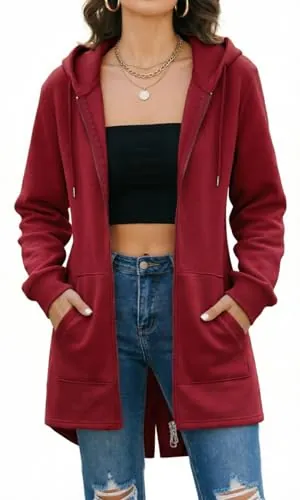 CMTOP Sudadera con Capucha para Mujer Otoño Invierno Sudadera Larga con Cremallera y Bolsillo Color Liso Hoodie Manga Larga Chaqueta Casual Correr Fitness(Vino tinto,M)
