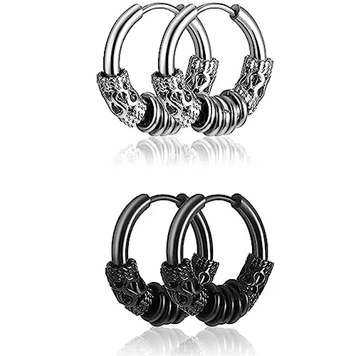 PLABBDPL 2 Pares pendientes de aro de acero inoxidable médico, joyería de cartílago perforado vintage, pendientes de aro adecuados, pendientes punk hip hop para hombres y mujeres, hipoalergénica