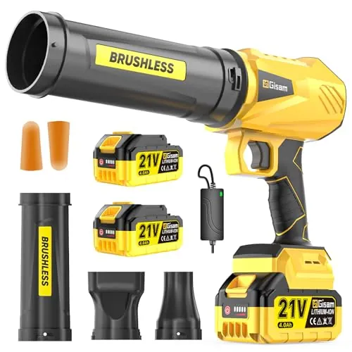 Soplador de hojas inalámbrico, motor sin escobillas con 2 baterías de 4,0 Ah, hoja Blower Max 900000 RPM, volumen de aire 800 m³/h, 3 boquillas, 1,82 Lbs ligero, ideal para hojas, nieve, polvo