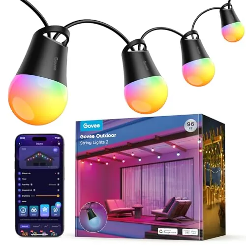 Govee Guirnalda de Luces Inteligentes para Exteriores 2, 30M RGBIC Luces para Exteriores, Bombillas LED Blancas cálidas, Patio Trasero, IP65 Prueba de Agua, Funciona con Alexa, Control de Aplicacione