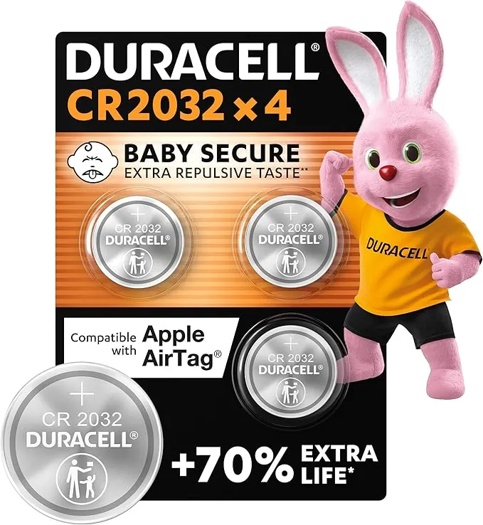 Duracell CR2032 pilas de botón de litio 3 V (paquete de 4) - Hasta un 70 % extra duración - Tecnología Baby Secure - Para Apple AirTag, llaves remotas, dispositivos domésticos, deportivos y médicos