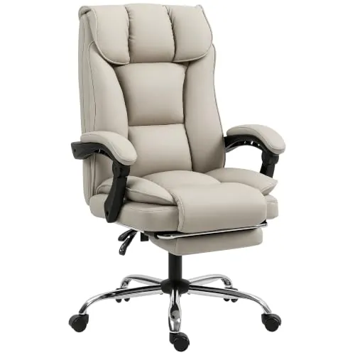 HOMCOM Silla de Escritorio con Reposapiés Respaldo Reclinable y Alto Caqui | Silla de Oficina Giratoria, Respaldo Alto, Acolchado Grueso Doble, Cuero Sintético Resistente, Altura Ajustable