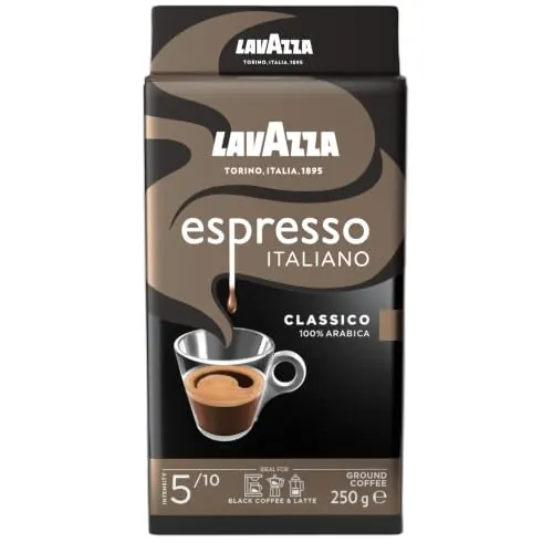 Lavazza, Espresso Italiano Classico, Café Molido Natural, para Cafetera Italiana, de Filtro y Francesa, con Notas Aromáticas de Caramelo y Chocolate, 100% Arábica, Intensidad 5, Tueste Medio, 250 g
