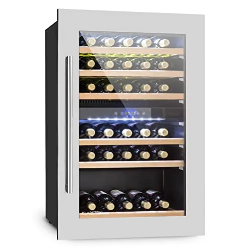 KLARSTEIN Vinoteca, Nevera para Vinos con 2 Zonas Refrigeración, Botellero Puerta Cristal para Vino, Proseco, Expositor Interior y Exterior, Panel Táctil, 132 L., Vinoteca Capacidad 35 Botellas