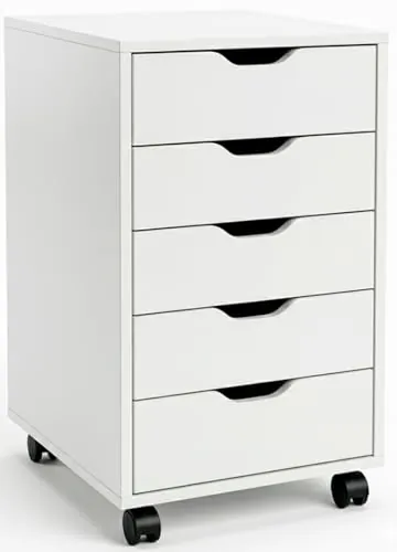 Marctani Cajonera Escritorio Blanca con 5 Cajones y Ruedas, Mueble Archivador Oficina de Madera para debajo de Mesa, Cajonera Pequeña y Estrecha (Fondo 30cm), Mueble Impresora con Ruedas