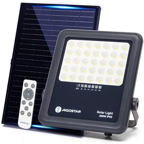 Aigostar Foco proyector LED solar con control remoto,focos solare de 200W, 2000LM,luz blanca fría de 6500K,IP65 impermeable Luz solar exterior,para jardín,terrazas,caminos,garajes,cable de 2M
