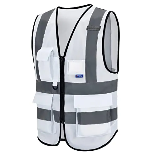 Chaleco de seguridad Reflectante Alta visibilidad Ropa de trabajo Cremallera Multibolsillos Blanco