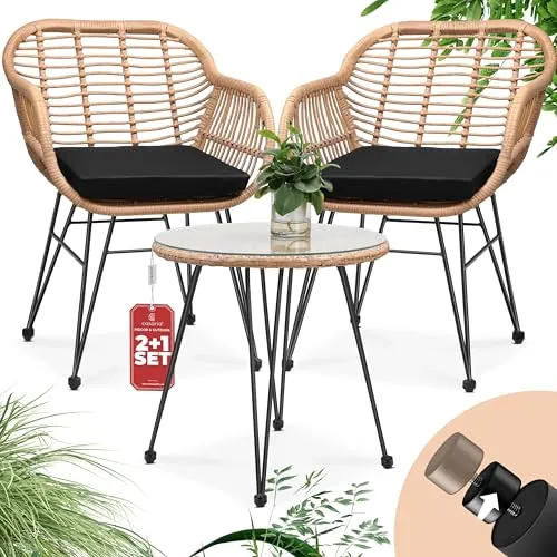 CASARIA Juego de Balcón Bali 1 Mesa y 2 Sillas de Jardín Terraza Cojines Lavables Tablero de Vidrio