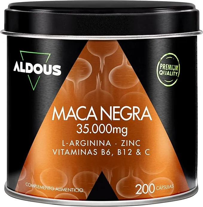 Maca Negra Peruana Complex 35.000 mg - Ultraconcentrada - 200 cápsulas - Arginina, Zinc, Vitamina C, B12 y B6 - Maca Peruana Extracto 20:1 - Aumenta Energía, Vitalidad - Libre de plástico - ALDOUS
