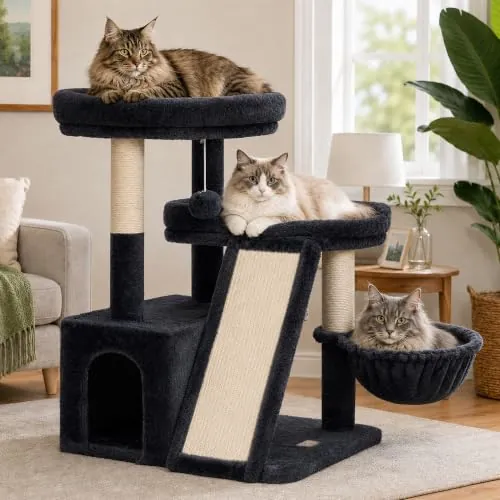 Heybly Árbol para Gatos 69 cm con 2 Plataformas, Cueva y Hamaca,HCT206SG | Rascador grande,postes de sisal, felpa suave, pelota colgante, compacto para salón, dormitorio y espacios pequeños,Gris Humo