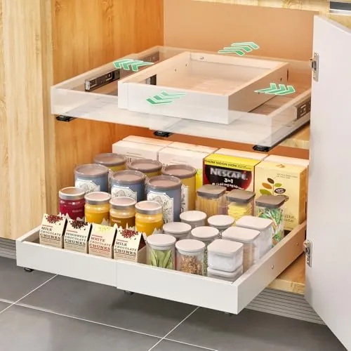 Pack de 2 Cajones Extraíbles para Cocina, Cajón Deslizante Ajustable en 4 Niveles, Organizador de Armario de Cocina y Cajón, sin perforación ni clavos (Blanco (2 Unidades))