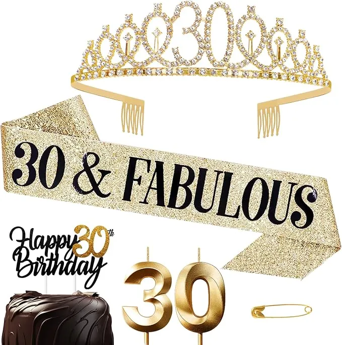 Corona y Faja de Oro para 30 Años Mujer - Tiara, Cinturón, Diamantes, Velas Topper para Torta de Cumpleaños - Regalo y Decoración
