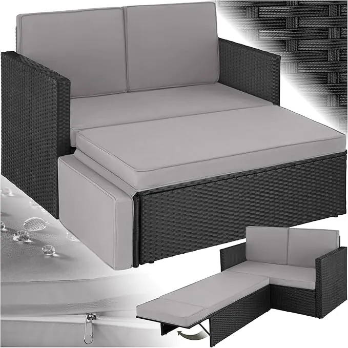 TecTake® Sofá de Ratán con Taburete Reposapiés, Conjunto Jardín Sillón 2 Plazas, Mueble Jardín Exterior, Cojines Gruesos, Conjunto Terraza Resistente a la Intemperie y Estructura en Acero - Negro/Gris