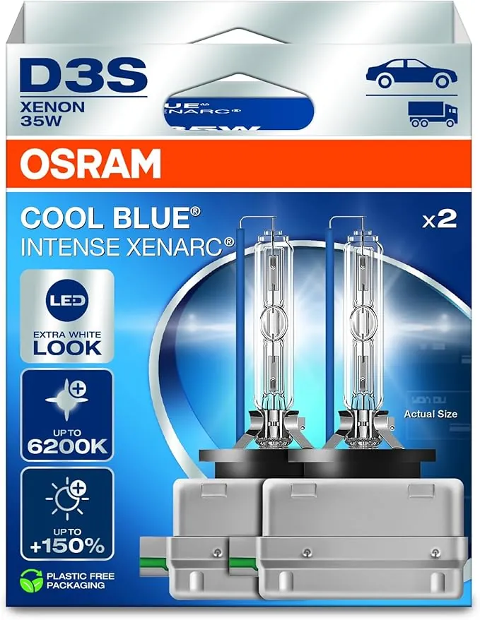 OSRAM XENARC COOL BLUE INTENSE D3S, +150% más de brillo, hasta 6200K, lámpara de faro de xenón, aspecto LED, caja plegable para colgar (2 lámparas)