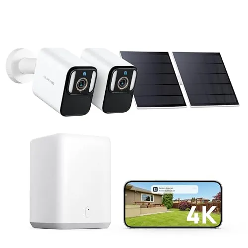 Anona 4𝙆(8MP) Kit Camara Vigilancia WiFi Exterior Solar, Détection Humaine | 2 Cámara con Sistema SmartBase y Panel Solar, Visión Nocturna Color, Grabación AOV 24/7, Detección IA, 2,4 GHz, PIR Sirena