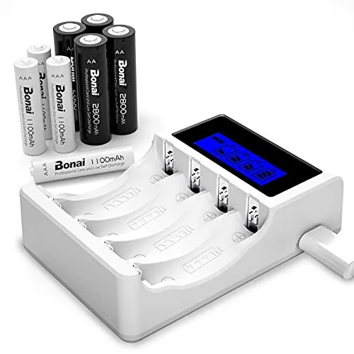 BONAI LCD Cargador de Baterías Recargables con 4 Bay AA AAA, 4 Piezas de AA 2800mAh & 4 Piezas de AAA 1100mAh Ni-MH
