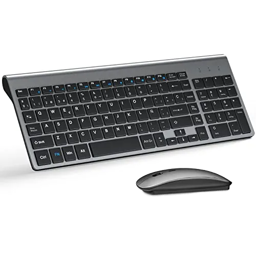 TopMate Pack Teclado y Raton 2400DPI, Inalámbricos Ultra Delgado, 2.4G Compacto Silencioso Teclado de Tamaño Completo con Cubierta, 2 Pilas AA y AAA, para PC/Laptop/Windows-Gris Negro