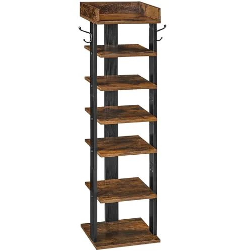 HOOBRO Zapatero, Estante Zapatero Estrecho, Mueble Zapatero de 7 Niveles, Zapatero Vertical con 2 Ganchos, Ahorro de Espacio, para Entrada, Salón, Dormitorio, Marrón Rústico y Negro EBF61XJ01