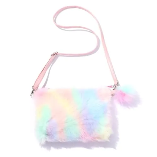 GWAWG Rainbow Pelzige Handtaschen Kinder mit Perlenkette Mädchen Handtasche niedBrieftasche Tasche für Schlüssel Karten Handy Case Schmucktasche