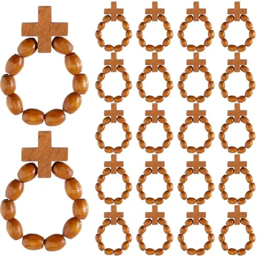 DICOSMETIC 30 piezas de madera con rosario católico de dedo anillo de rosario de bolsillo con cruz de madera de vara de oro sagrada país sagrado perlas anillo bautizo regalo para hombres mujeres boda