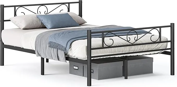 VASAGLE Marco de Cama Matrimonio, Estructura de Cama de Metal, para Colchón de 135 x 190 cm, Montaje Sencillo, para Habitaciones Pequeñas, Negro Tinta RMB066B01