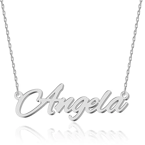 UMAGICBOX Collar de Plata Personalizado con Nombre Angela - Colgante de Acero Inoxidable Grabado a Medida para Mujeres - Regalo para Cumpleaños, Aniversarios, Graduaciones y Día de San Valentín