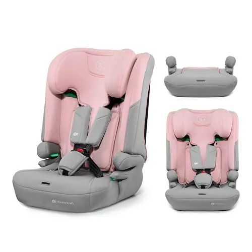 Kinderkraft I-COMFY, Silla de coche, Para niños, Ajustable (76-150 cm), Respaldo ajustable, Cinturón de seguridad de 5 puntos, SISTEMA EASY GROW, Fácil instalación, Rosa