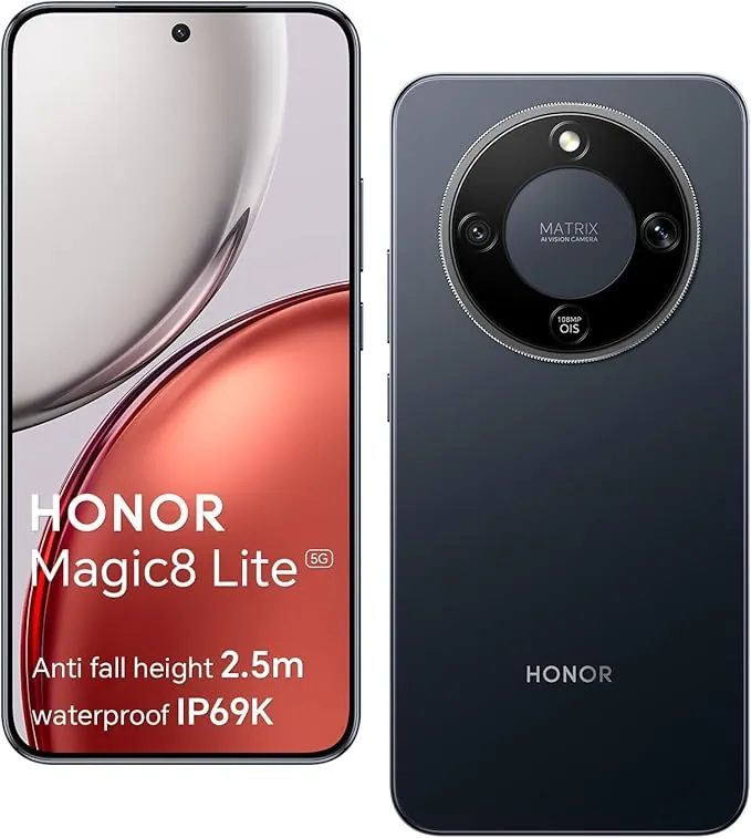 HONOR Magic8 Lite 5G Smartphone, Cámara con IA de 108 MP, Batería de 7330 mAh, 8 GB RAM y 512 GB, 6,79" 120 Hz 6000 nits, Snapdragon 6 Gen 4, Resistencia a Caídas de 2,5M, IP69K IP68, Negro