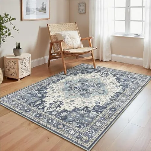 GENIMO Alfombra Salon Vintage Alfombras de Área Lavables en Máquina, Alfombras con Base Antideslizante, Alfombra de Dormitorio de Pelo Corto para Cocina, Comedor, Azul Oscuro, 80X150CM