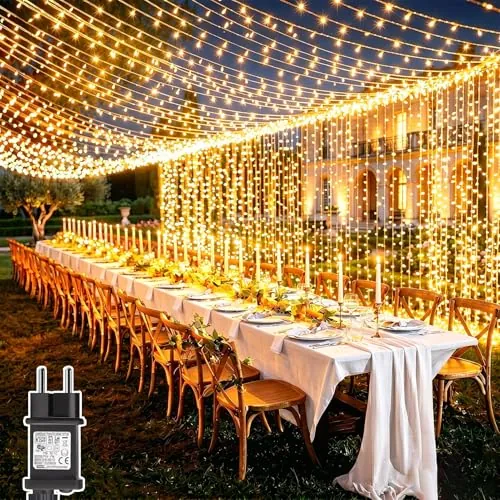 Dekofun 2 Piezas Cortina de Luces 6M x 3M 600 LED Guirnalda Luces con Enchufe, 8 Modos y Temporizador, Impermeable Cascada de Luz para Balcon Boda Fiesta Jardín Exterior Decoración - Blanco Cálido