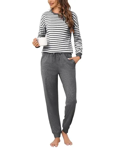 Bresdk Pijama Mujer Algodón Largo de Rayas con Pantalón Jogger
