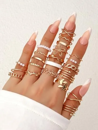 22 piezas Estilo Bohemio Anillo Vintage Geométrico de Perla Falso Multi Elemento Conjunto para Mujeres Uso Diario Regalos de Navidad Regalos Navideños Divertidos, Medium, Latón, Sin gemas.
