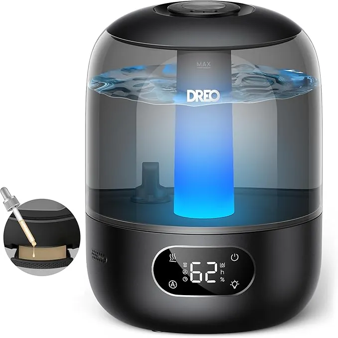 DREO Humidificador Bebés 3L 26dB Silencioso con Sensor de Humedad, Niebla Fría Ultrasónica, 30h Autonomía, Boquilla 360°, Luz Ambiental, Difusor de Aceites Esenciales, Negro