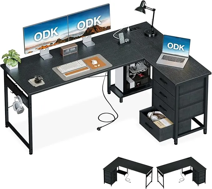 ODK Escritorio Esquinero con Cajones, 155×110 cm Escritorio en L con Enchufes y Puerto de Carga USB, Escritorio Esquina Reversible con Almacenamiento para Oficina en Casa, Negro