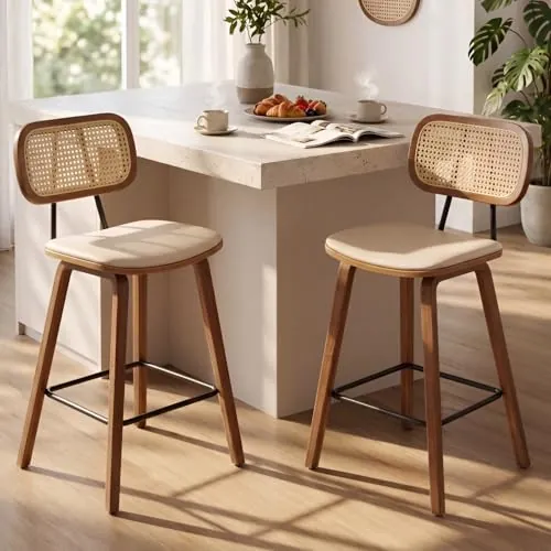 Ya-Home Juego de 2 Taburetes Altos de Cocina con Respaldo de Ratán,Madera