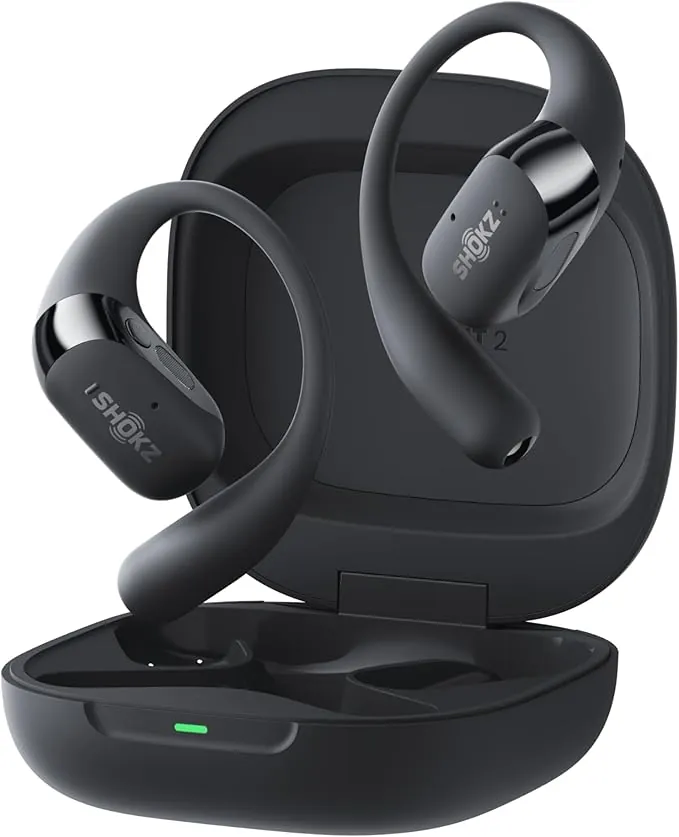 SHOKZ OpenFit 2+ Auriculares Open-Ear, Dolby Audio, 48h de Uso, Auriculares Gancho Bluetooth con Mic., Resistencia al Agua IP55, Carga inalámbrica, Carga rápida, Bolsa de Transporte, Negro
