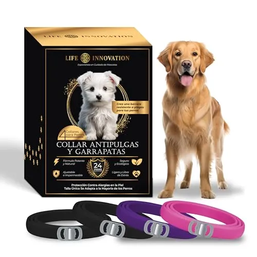 Pack 4 Collares Antiparasitarios para Perros, 24 Meses de Protección contra Pulgas, Garrapatas y Mosquitos - 100% Natural, Impermeable, Ajustable, para Todos los Tamaños.