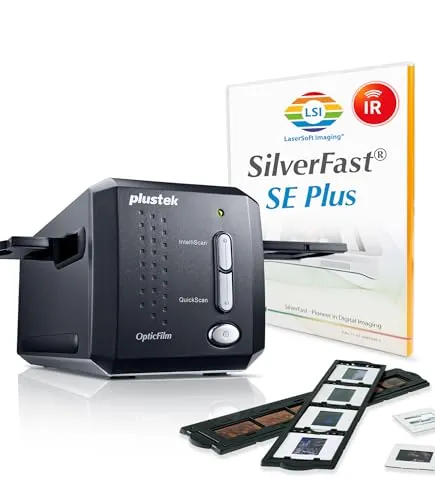 Plustek OpticFilm 8200i SE - Escáner de películas y Diapositivas de 35 mm. 7200 dpi / 48-bit de Salida. Eliminación de Polvo/arañazos por Infrarrojos integrada. Paquete Silverfast SE Plus 8, Wins/Mac