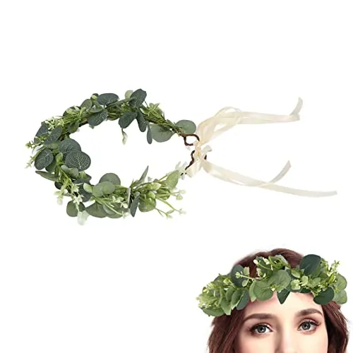 Tocado Floral Corona Floral Corona de Eucalipto Guirnalda Verde Artificial Diademas Corona de Eucalipto para Accesorios de Fotos de Vacaciones Junto Al Mar