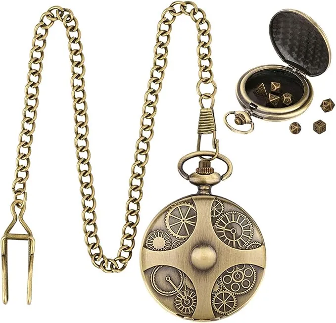 Reloj de Bolsillo Con Dados y Engranaje Grabado - Caja Con Cadena y Juego de Dados
