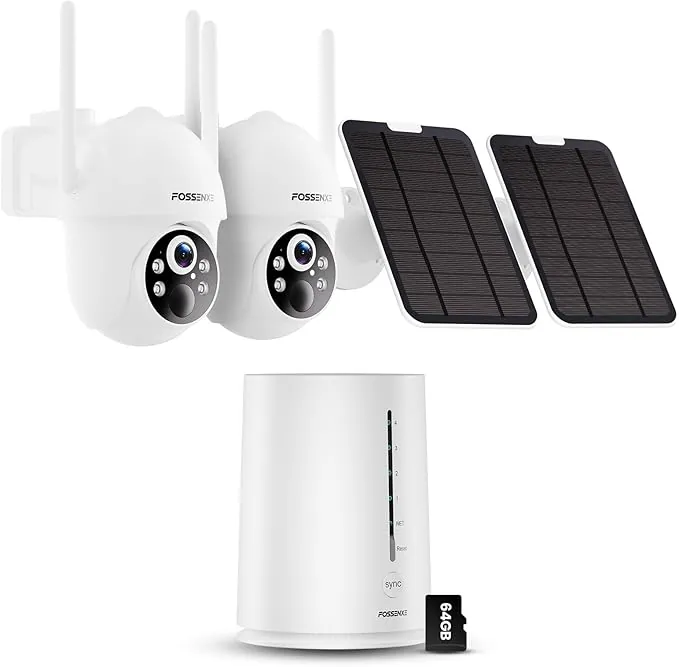 2K Camara Vigilancia WiFi Exterior Solar, Kit de 2 con Base, Sin Costo Mensual, 360°, 64 GB de Almacenamiento Local, 4MP Cámara Solar Exterior Sin Cable con PIR Detección, Visión Nocturna