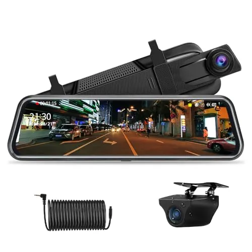 Jansite 10" Mirror Dash CCM Cámara Frontal de Coche Pantalla Tácti Retrovisor, Delantera y Trasera 1080P Streaming Media con Cables de 10 m Lente Doble Súper Visión Nocturna Gran Angular de 170°