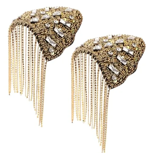 VANZACK Charreteras Borlas Doradas y Gemas de Imitación para Hombre y Mujer 2 Piezas Accesorios Decorativos para Hombros de Traje Apliques de Flecos para Uniformes y Eventos Formales