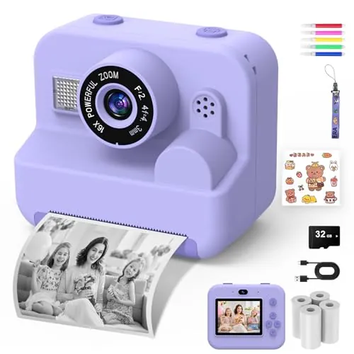 Cámara de Fotos Infantil Instantáneas - 1080P 2.4" Cámara Selfie Instantánea para Niños con Papel de Impresión y Tarjeta 32GB, Juguete Regalo Navidad para Niño y Niña de 3 a 12 Años (Morado)