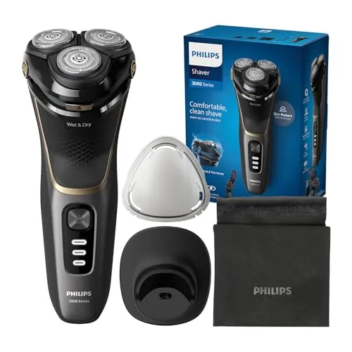 Philips Serie 3000 Afeitadora Eléctrica Hombre, Máquina de Afeitar Barba con Cortapatillas, 27 cuchillas, Cuida la piel, 60min de uso, En Seco y Húmedo, Recargable, Funda, Base Carga, S3342/13, Negro
