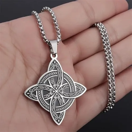 Collar con colgante de nudo de bruja de acero inoxidable con patrón de color plateado, nudo celta, joyería de la suerte, regalo para amigos y familiares, 10, Metal, Sin piedra preciosa