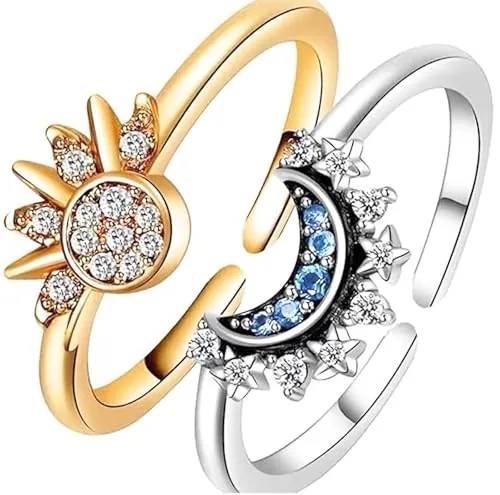 Bkemkri 2 Piezas Anillos Mujer Plata Sol y Luna Ajustables Oro Anillo Sencillo Circonita Elegante Piedra Preciosa Promesa Joyas Dorados Anillas de Mujer Parejas, Anillo de Engaste de Diamantes Regalo