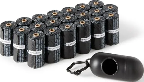 Amazon Basics Bolsas de basura para perros con dispensador y clip para correa, Sin fragancia, 300 bolsas (20 paquetes de 15 bolsa)