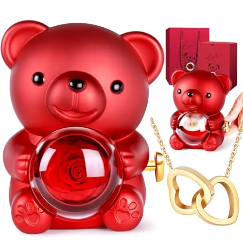 Aloskart Oso con Rosa Eterna y Collar, Regalos para Ella, Rojo