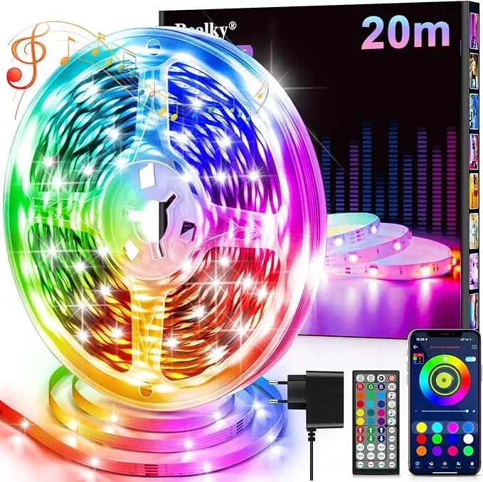 Luces LED Habitación, Tira LED 20 Metros, Tiras LED RGB Control de Remoto y App 16 Milliones de Colores LED Strip lights, Sincronización Musical Bluetooth, Luces de Tiras Led Para Fiesta Hogar TV Ba